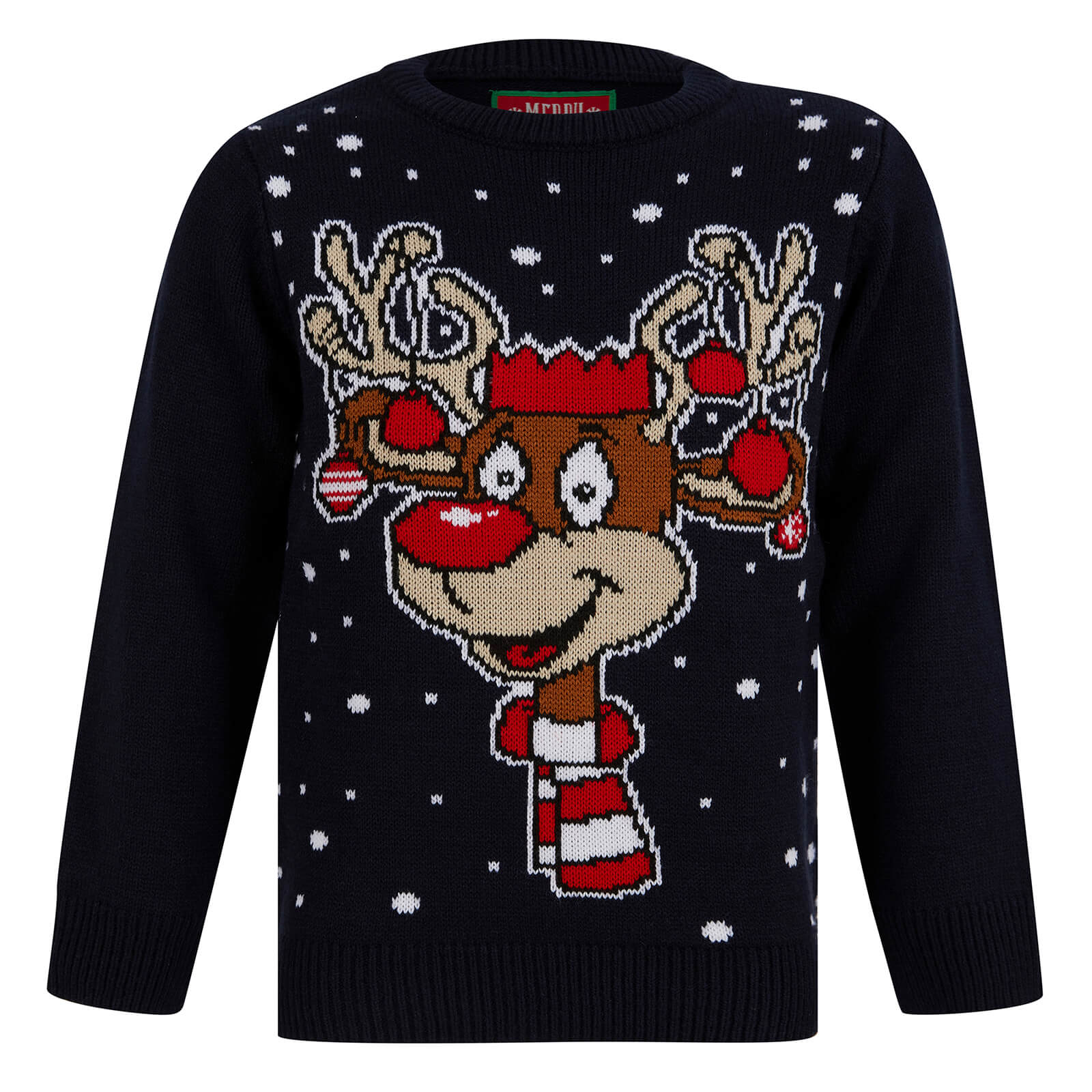 Mr Crimbo Kids LED Reindeer Christmas Jumper Light Up Baubles - MrCrimbo.co.uk -SRG2A17410_A - Ink -11-13 years